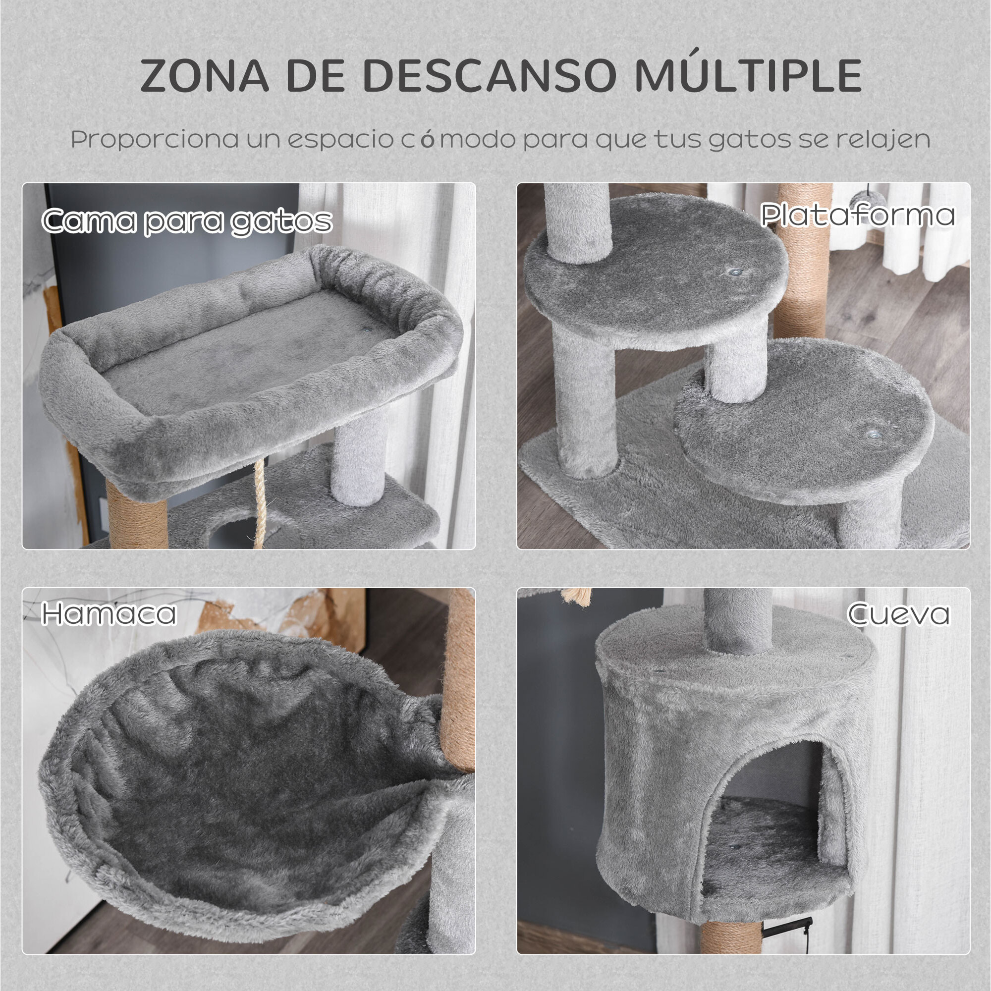 Árbol Rascador para Gatos Altura 120 cm Torre de Gatos con Plataformas Cueva Hamaca Postes de Yute Cuerda Divertida Bola Colgante 48x48x120 cm Gris