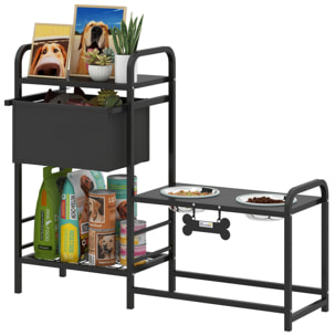 Comedero Perro Elevado con Cajón de Tela, Cuencos Elevados con 2 Cuencos de Acero Inoxidable 2x800 ml, Altura Ajustable, 2 Estantes, para Perros Pequeños y Medianos, Negro