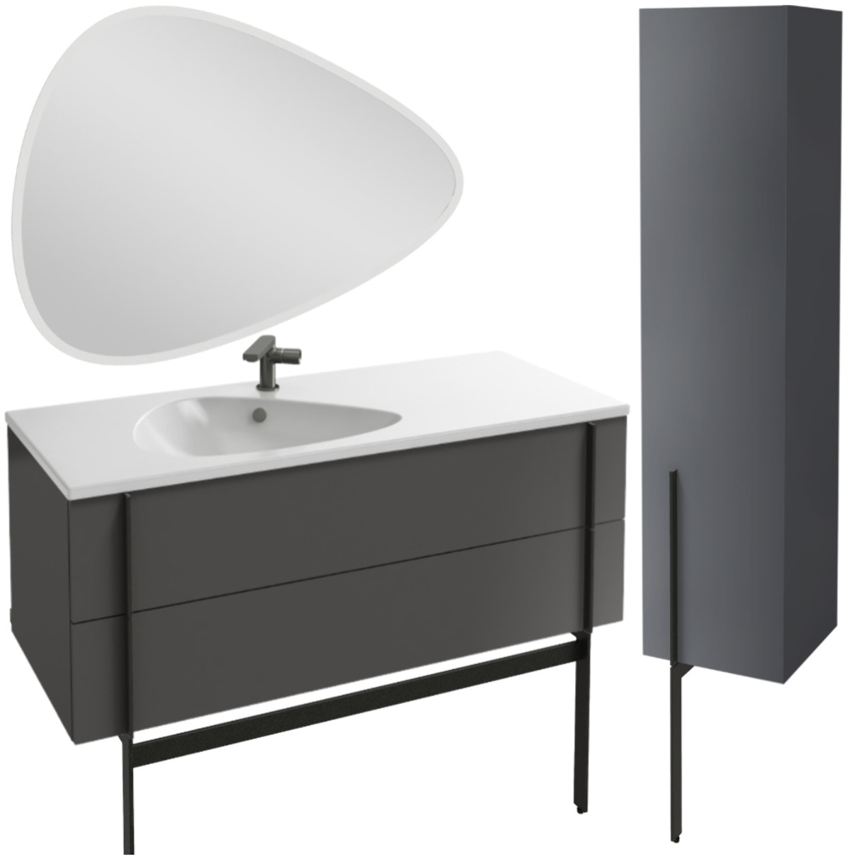 Meuble de salle de bain 120 cm Nouvelle Vague gris brillant + colonne version droite + miroir + pied