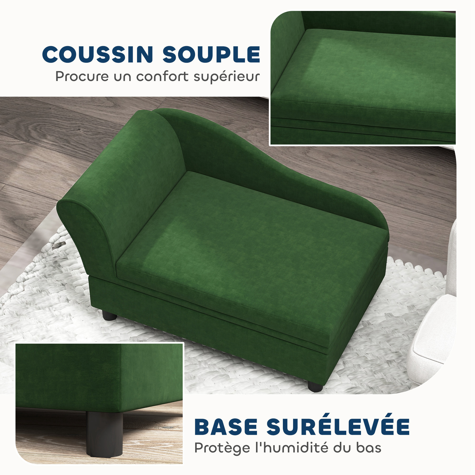 Canapé chien design méridienne - coffre rangement intégré - velours vert