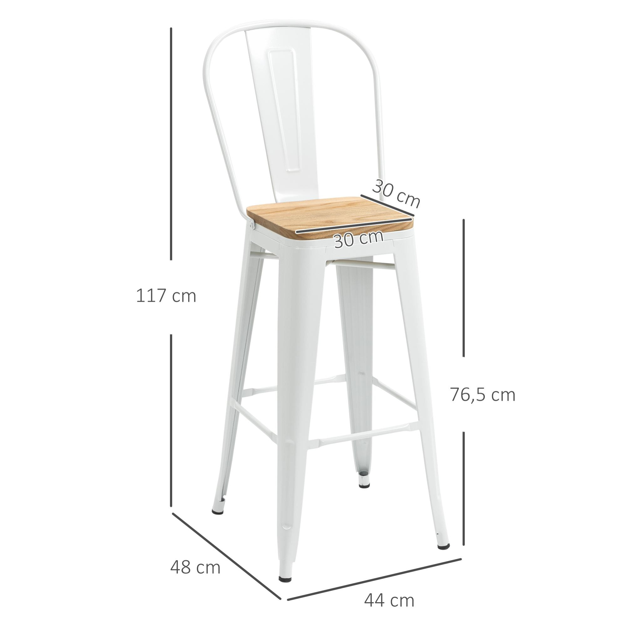 Juego de 4 Taburetes Altos de Cocina Apilables con Respaldo Alto Taburetes de Bar con Reposapiés Asiento de Madera y Marco de Acero Carga 120 kg 44x53x116 cm Blanco