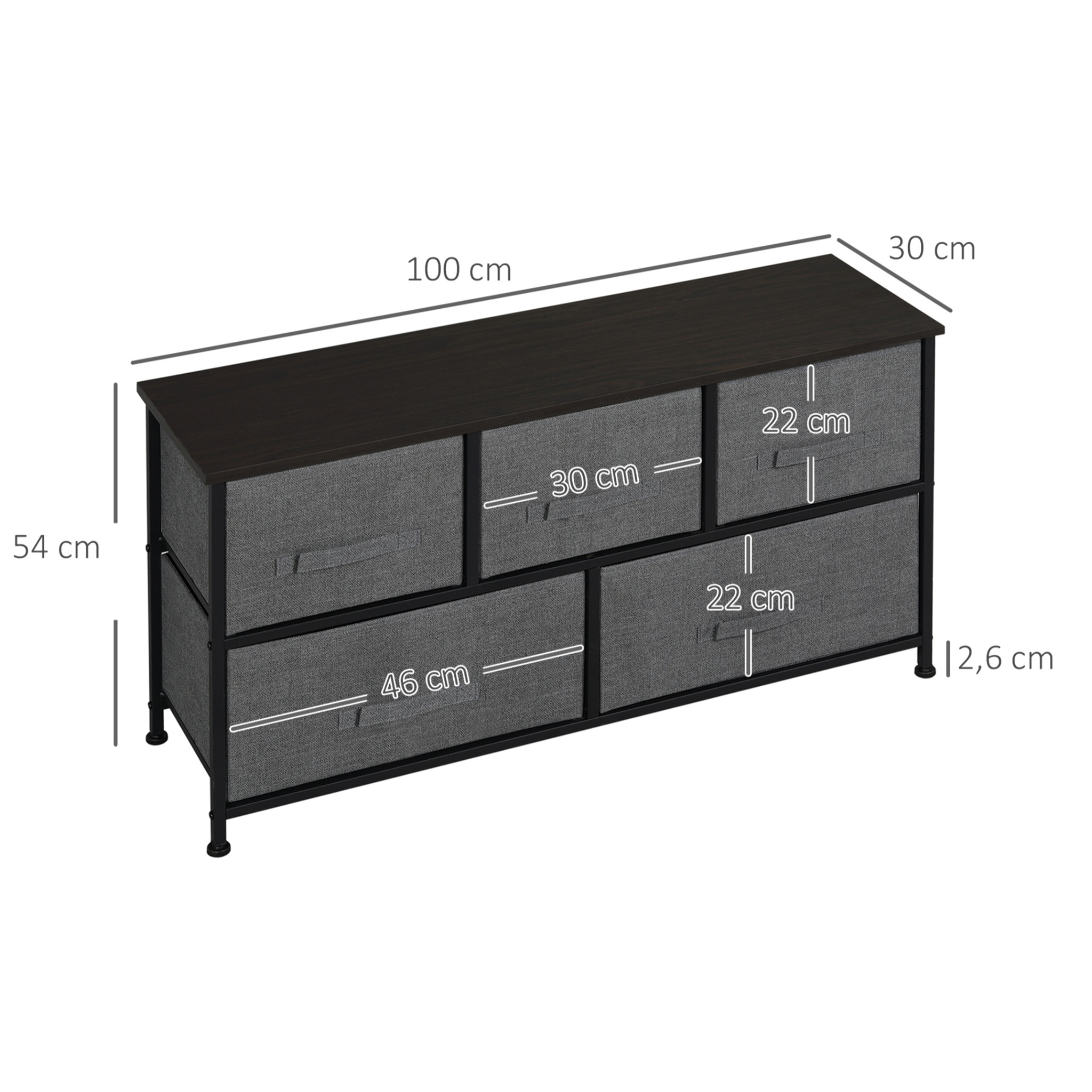 Commode meuble de rangement 5 tiroirs non-tissés anthracite structure métal noir plateau MDF aspect bois