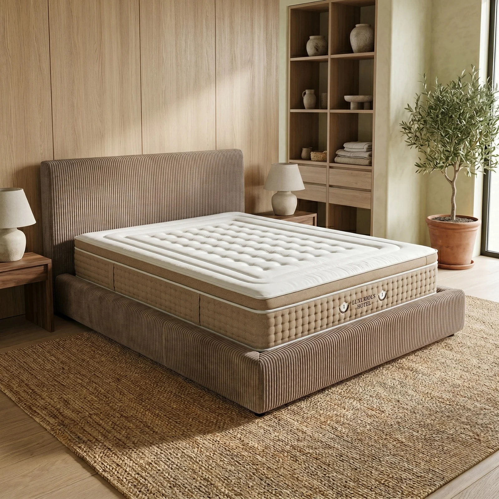 Ensemble matelas Bali & lit coffre Colisée | Mémoire de forme et ressorts ensachés | Grande capacité de stockage | Bouclette | Olive