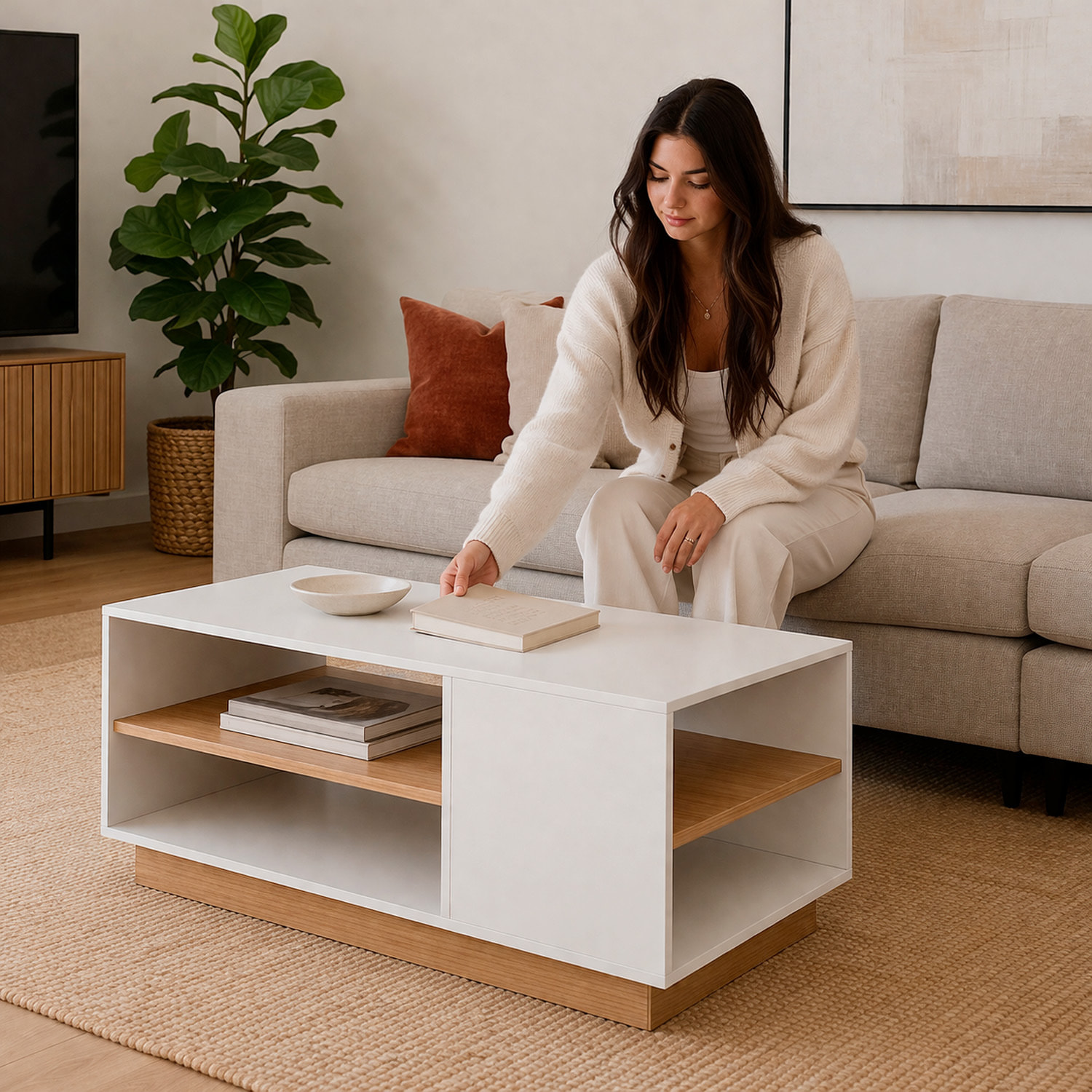 Tavolino Soggiorno Living Moderno Da Caffè Ripiano Porta Riviste Vano Giorno Multiuso Arredo Elegante Funzionale 100 x 45.5 x 60 Cm Bianco E Rovere