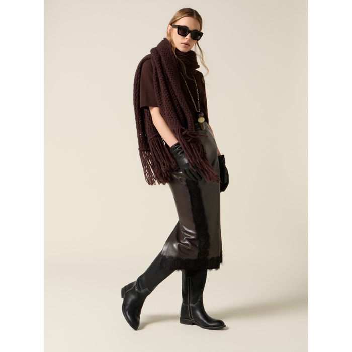 Oltre - Gonna tubino midi con inserti in pizzo - Marrone