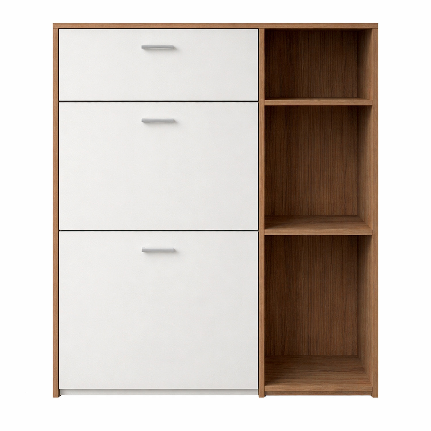 Scarpiera Mobile Portascarpe Salvaspazio Ingresso Con 2 Ribalte Doppia Profondità 1 Cassetto 3 Vani A Giorno 90x101.5x26 Cm Bianco Noce