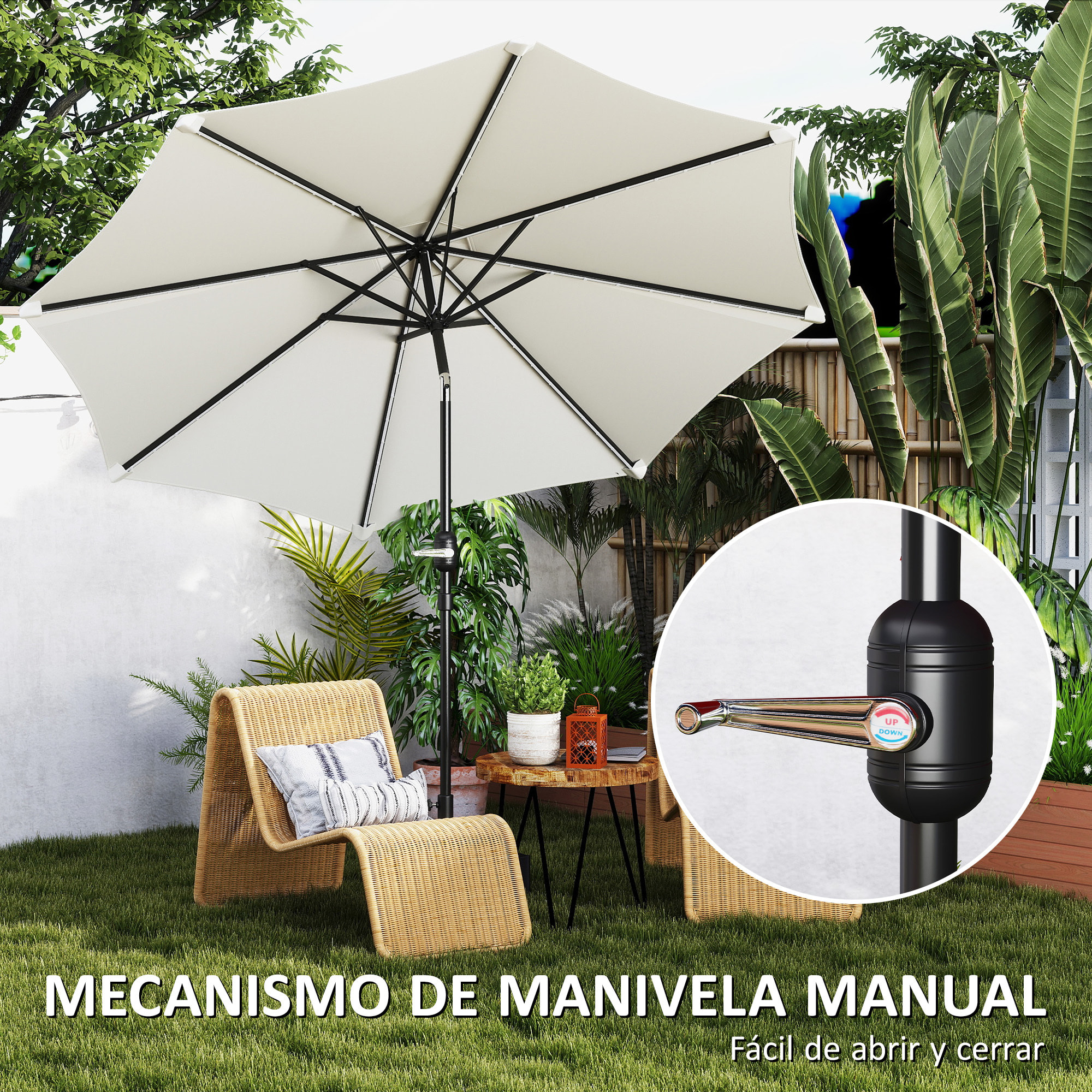 Sombrilla Terraza Exterior con Luces LED Solares Ø292x252 cm Sombrilla de Jardín con Inclinación Ajustable hasta 45° Impermeable y Manivela Parasol para Patio Piscina sin Base Crema
