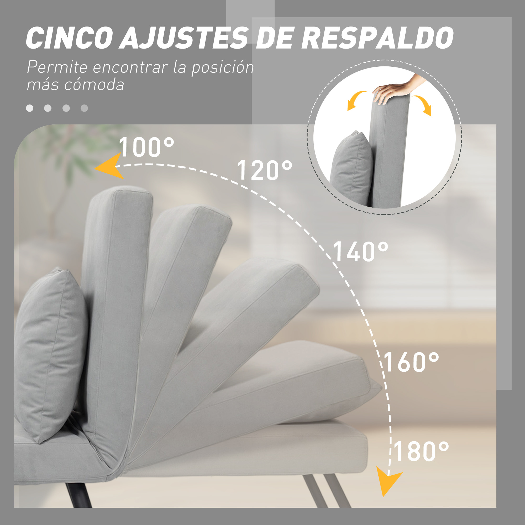 Sofá Cama de 1 Plaza 4 en 1, Sofá Cama Plegable Tapizado en Terciopelo con Respaldo Ajustable de 5 Niveles y Almohada Acolchada, para Oficina, Dormitorio, Salón, 63x73x81 cm, Gris Claro