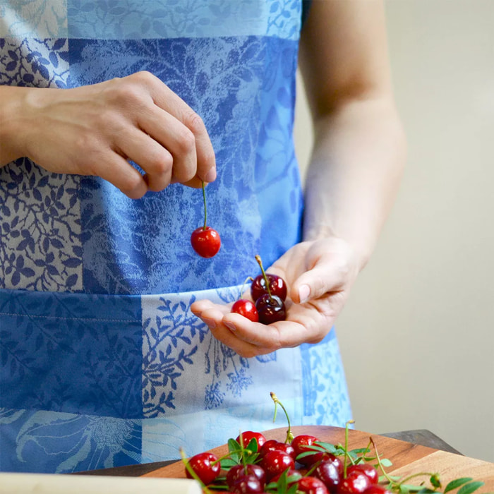 Tablier pur coton enduit motif jacquard bleu Mille rameaux bleu