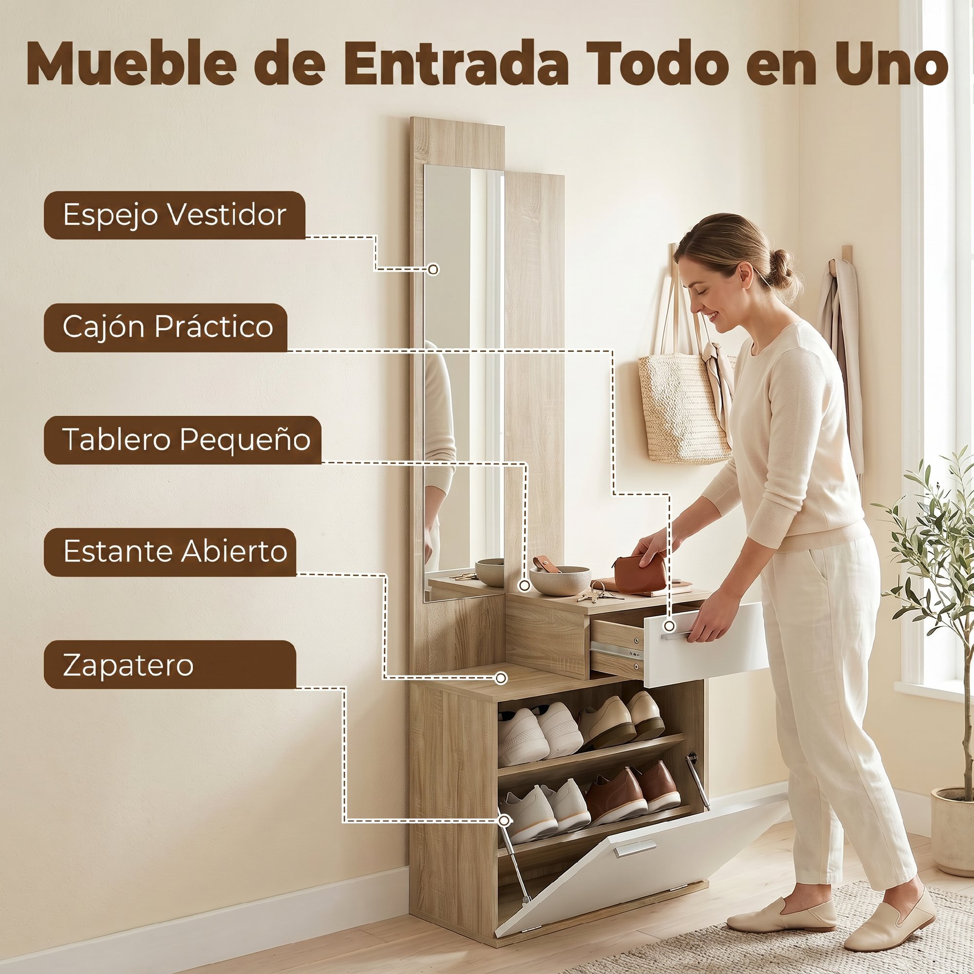 HOMCOM Recibidor de Entrada con Espejo y Zapatero Abatible, Mueble Recibidor de 2 Piezas con Asiento, Cajón, Mesa Pequeña para Pasillo, 61x30x170 cm, Blanco