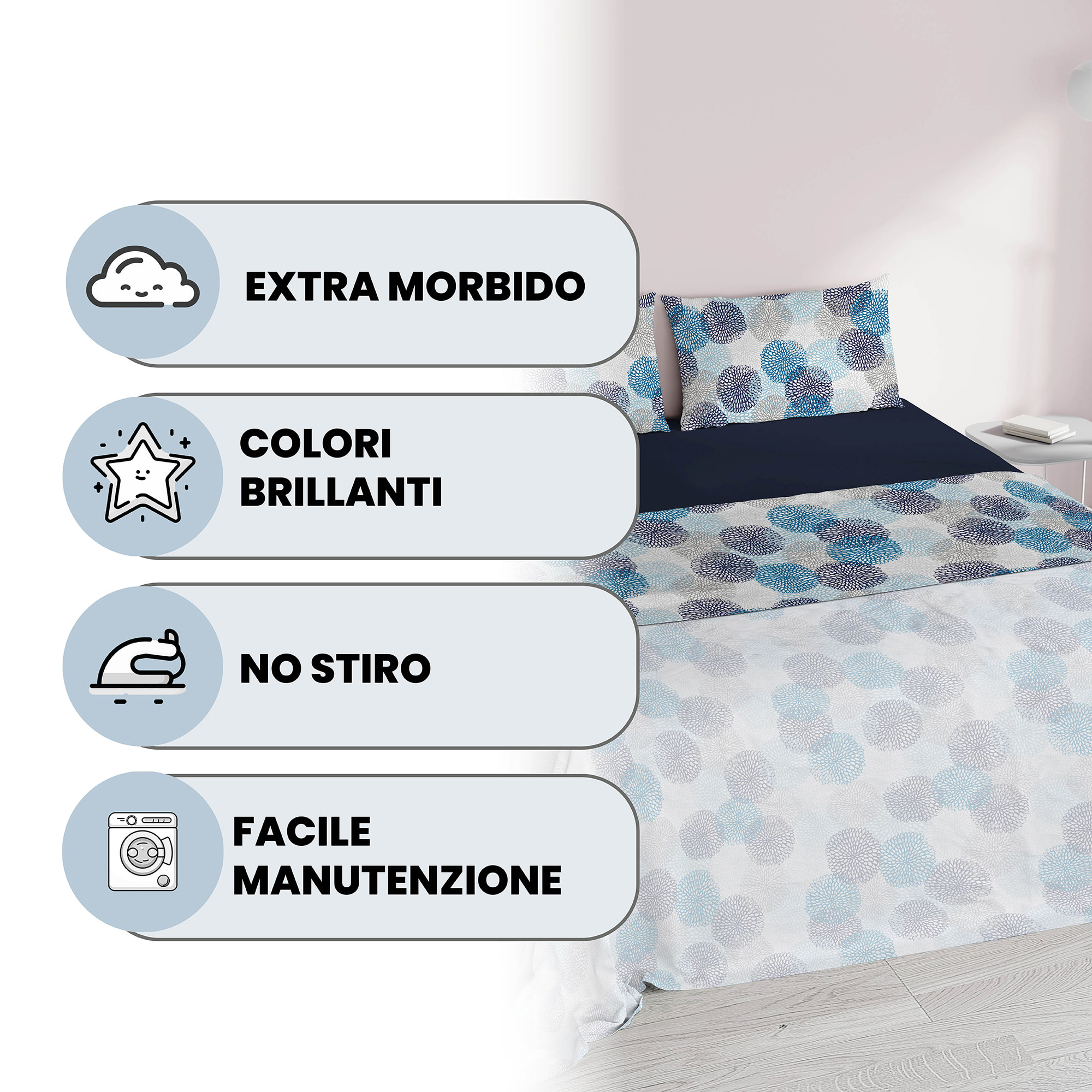 COMPLETO LETTO FANTASY, 100% Microfibra - SOFFIONI BLU