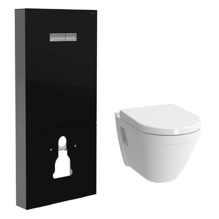 Pack WC Bâti support en verre trempé/aluminium brossé avec plaque intégrée + WC Vitra S50 + Abattant softclose (VitrusS50-1)