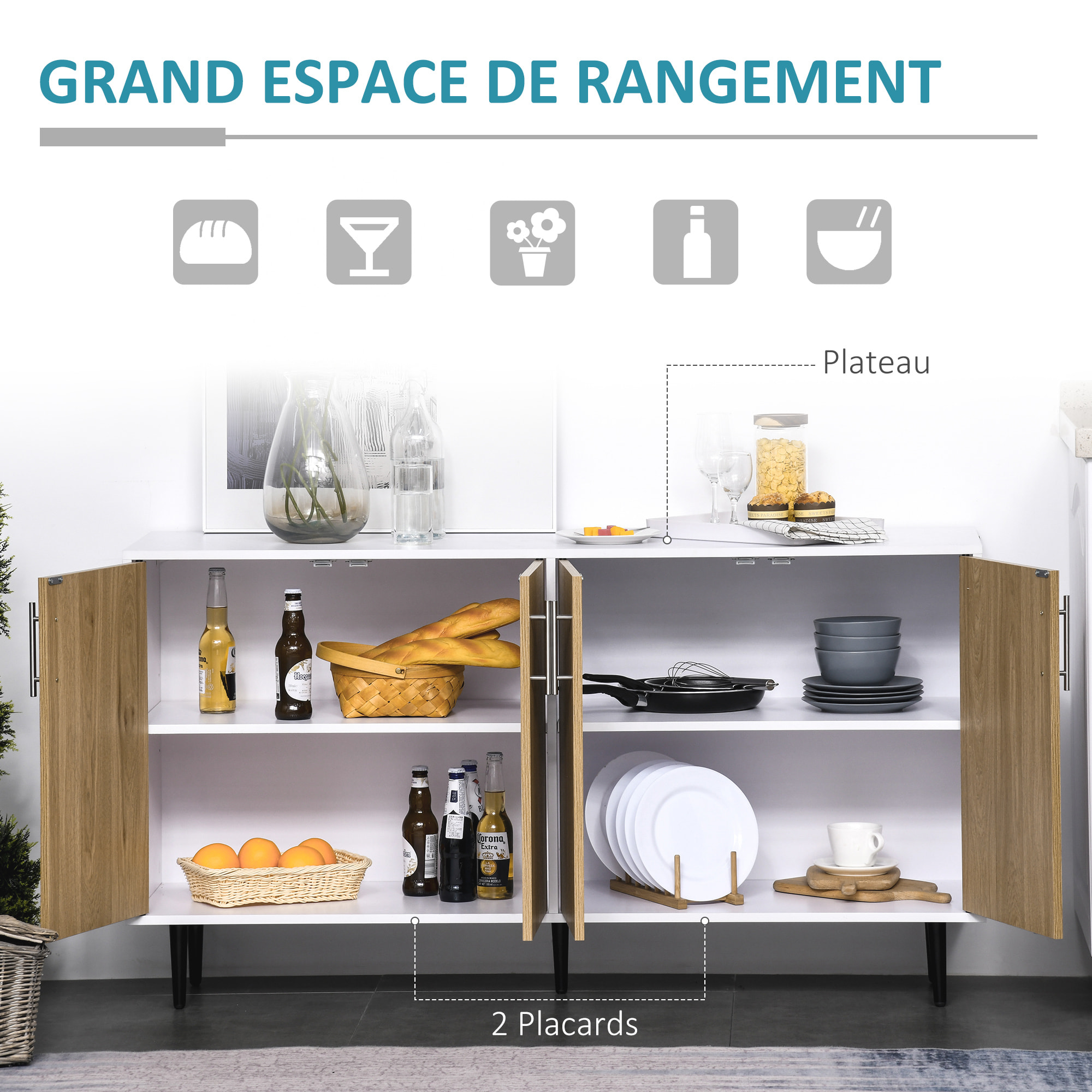 Buffet meuble de rangement 2 placards 2 portes avec étagères réglables blanc chêne clair