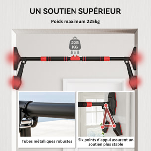 Barre de traction réglable de 79 à 98 cm, barre de porte niveau intégré, structure triangulaire robuste, support à 6 points, poignées antidérapantes, jusqu'à 225 kg, noir