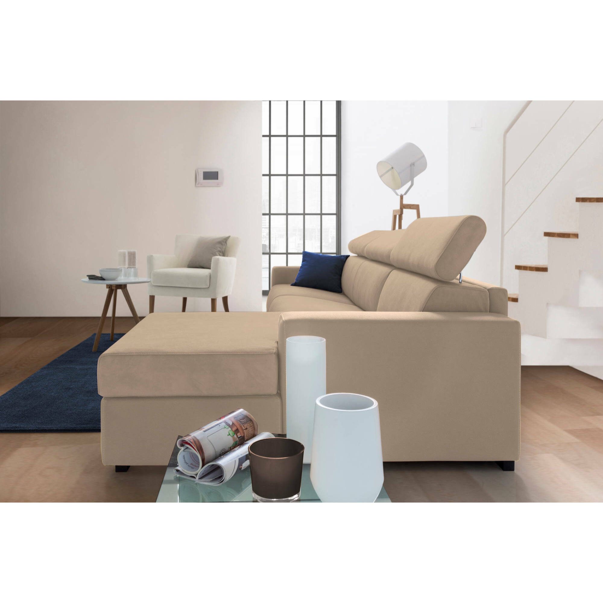 Divano Letto Alceste, Divano ad angolo, 100% Made in Italy, Sofà con apertura girevole, con Penisola contenitore Destra, con Braccioli slim, Cm 260x95h85, Beige