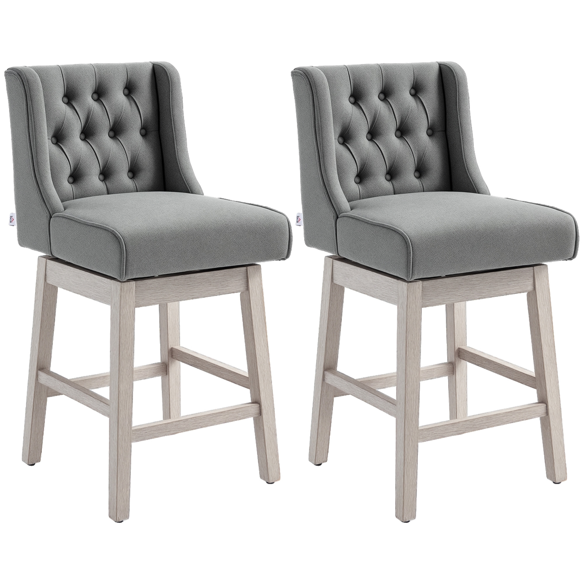 Juego de 2 Taburetes de Bar con Respaldo, Giratorios 180°, Taburetes Altos de Cocina con Reposapiés, Patas de Madera, para Salón, Comedor, Gris
