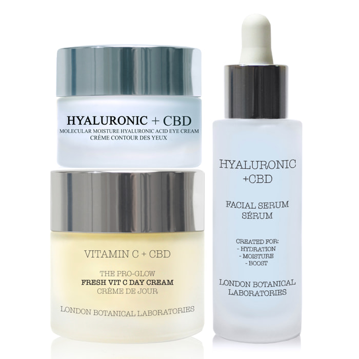Vitamina C + CBD | Crema de día Pro-Glow Fresh Vit C 50 ml + Crema para ojos Molecular Moisture Surge con ácido hialurónico + CBD 20 ml + Sérum Moisture Surge con ácido hialurónico + CBD 30 ml