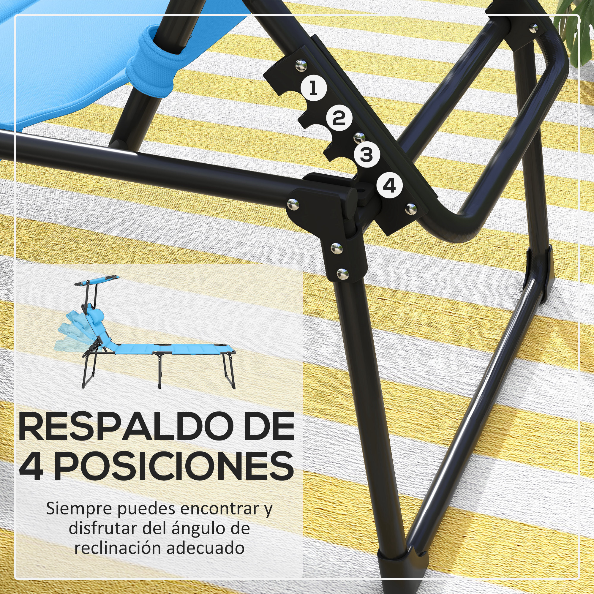 Tumbona Plegable, Tumbona Jardín Exterior con Toldo Ajustable, Respaldo Regulable en 4 Niveles, Reposacabezas, Cojín Grueso, para Terraza, Piscina, 70x200x45 cm, Azul Claro