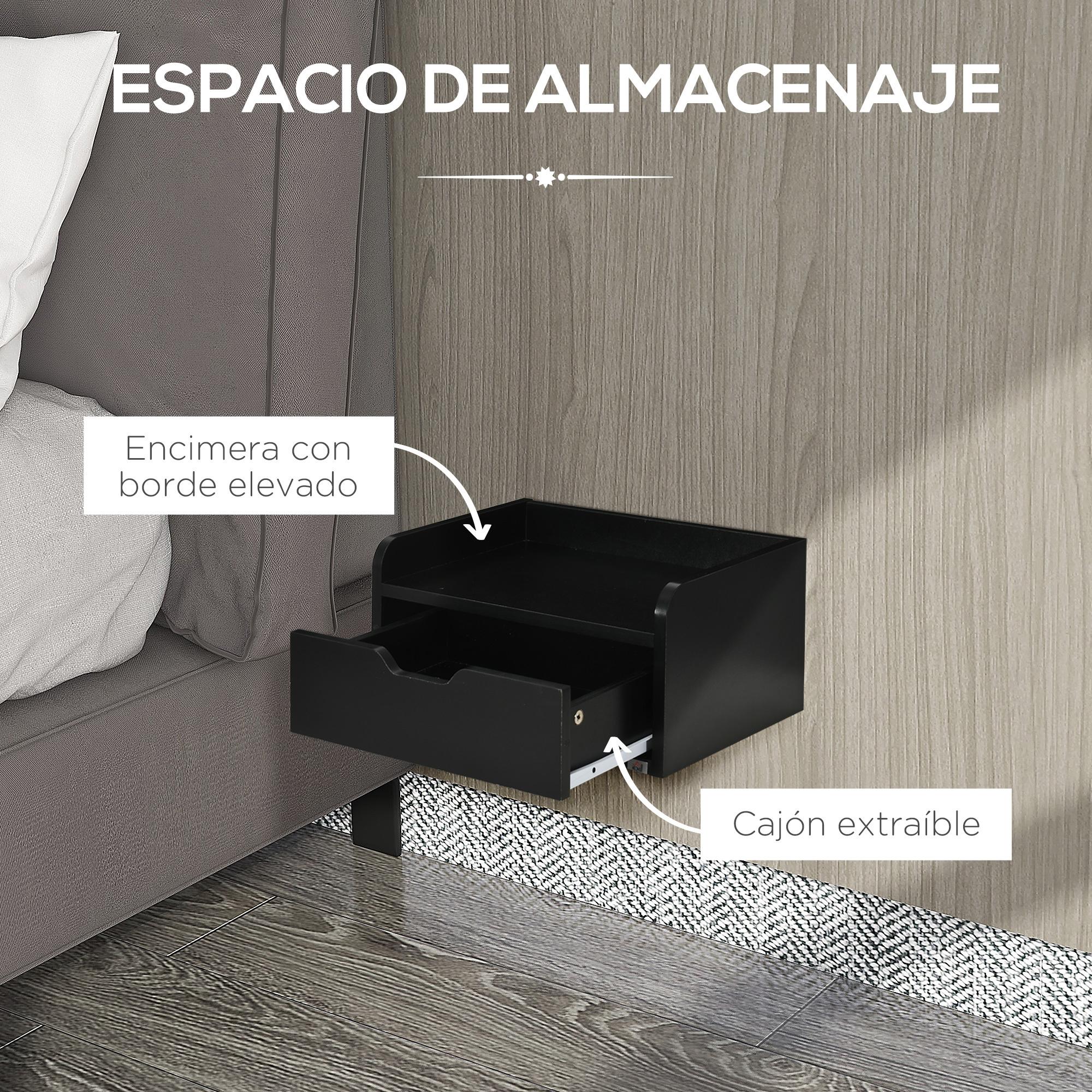 Set de 2 Mesillas de Noche de Pared Mesitas de Noche Flotantes con 1 Cajón para Dormitorio Habitación Hogar Diseño Sencillo 40x30x19,5 cm Negro