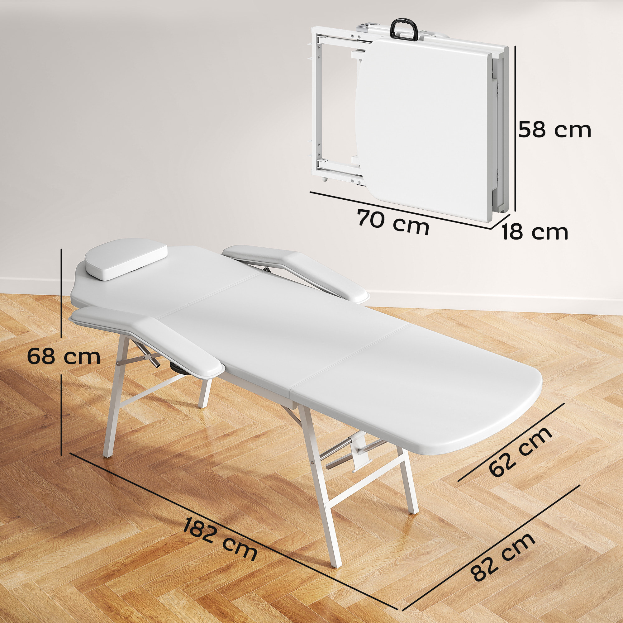 Camilla Masaje Plegable Portátil Camilla Estética Profesional de 3 Zonas con Respaldo Soporte para Piernas Ajustables Reposacabezas Extraíble Reposabrazos Acolchados para Spa 182x82 cm Blanco