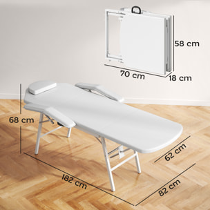 Camilla Masaje Plegable Portátil Camilla Estética Profesional de 3 Zonas con Respaldo Soporte para Piernas Ajustables Reposacabezas Extraíble Reposabrazos Acolchados para Spa 182x82 cm Blanco