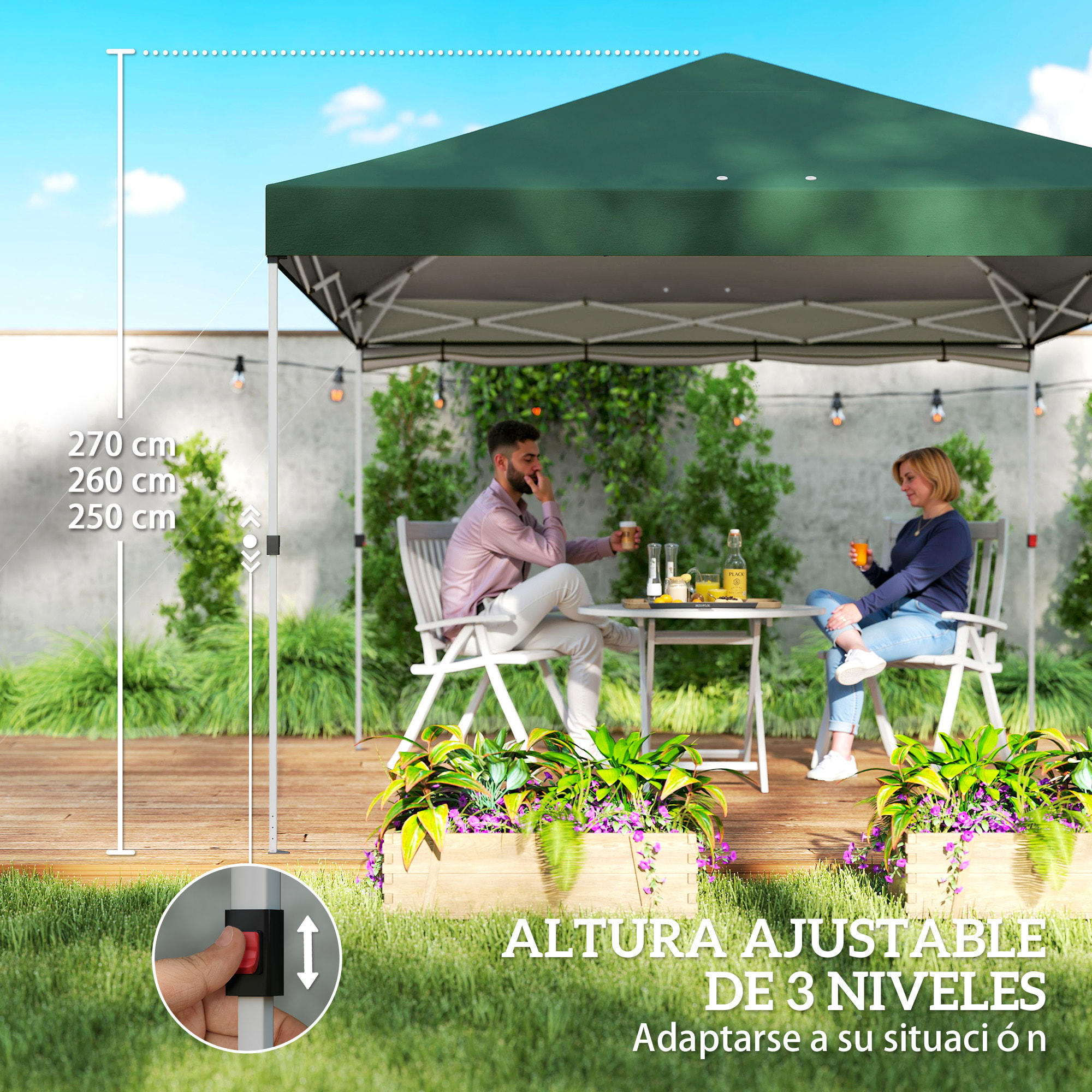 Carpa Plegable 3x3 m, Pop-up, con Pared Lateral, Cenador de Jardín con Protección UPF50+, Empuje Central, Altura Ajustable, Bolsa de Transporte, Gazebo para Camping, Exterior, Verde