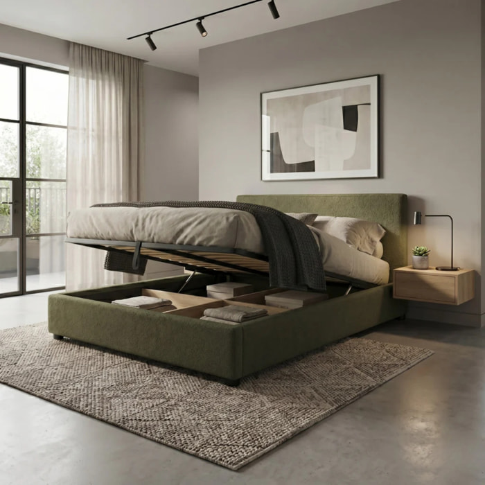 Lit coffre Colisée avec tête de lit | Robuste et confortable | Montage simple rapide | Bouclette | Vert