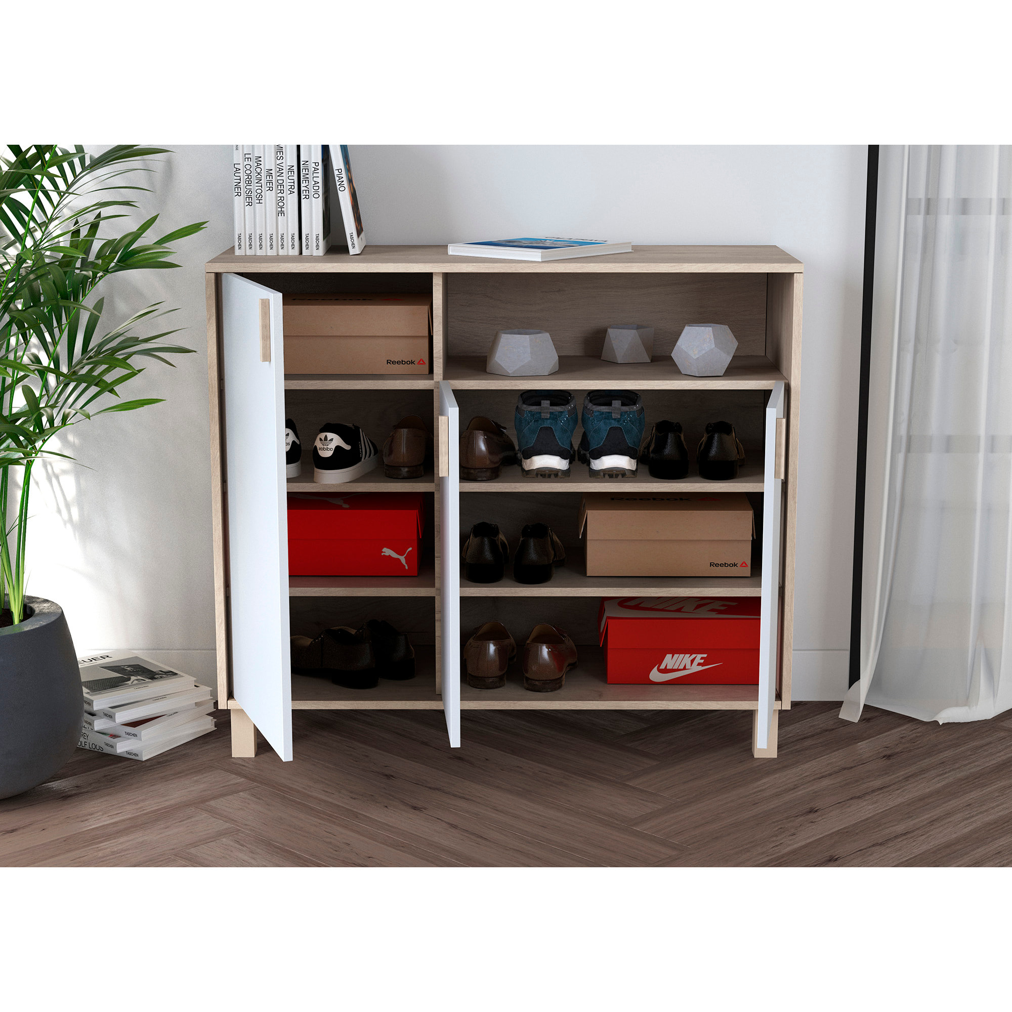 Zapatero Dyrnes melamina roble claro puertas blanco 88x100x37 cm