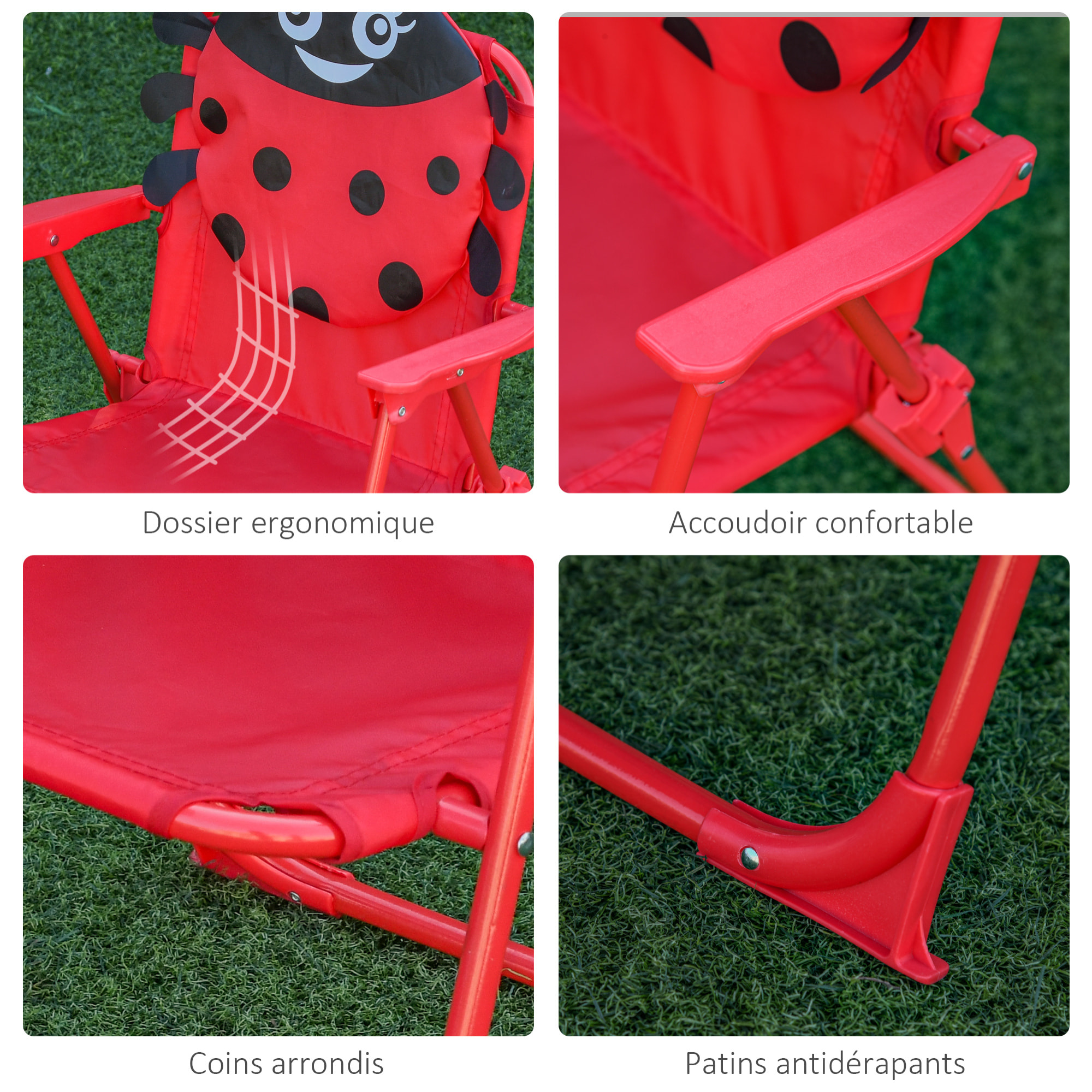 Ensemble salon de jardin enfant 4 pcs design coccinelle - table ronde + 2 chaises pliables + parasol - métal époxy oxford rouge