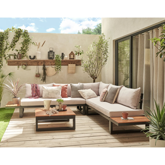 Salome - salon bas de jardin 5 places + table - modulable - bois, métal et coussins beiges - Noir, bois et beige