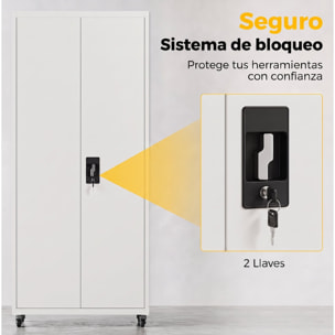 Armario de Herramientas de Acero con Ruedas con Freno, 180 cm, Carro de Herramientas con Cerradura y 4 Estantes Ajustables, Carga 250 kg, Carro de Taller para Garaje, Hogar, Oficina, Blanco