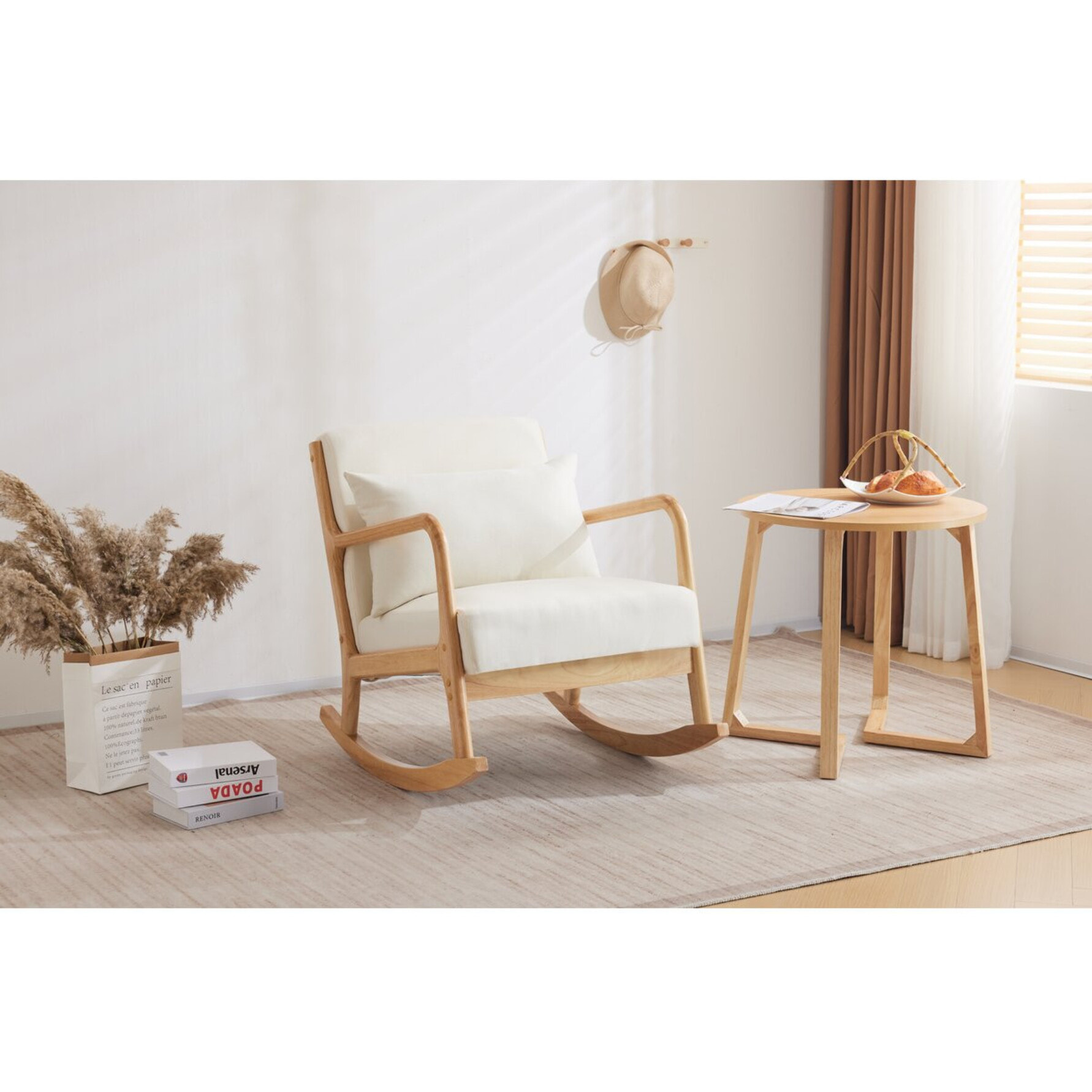 Fauteuil à bascule style scandinave bouclette et bois " Clinton " - Beige