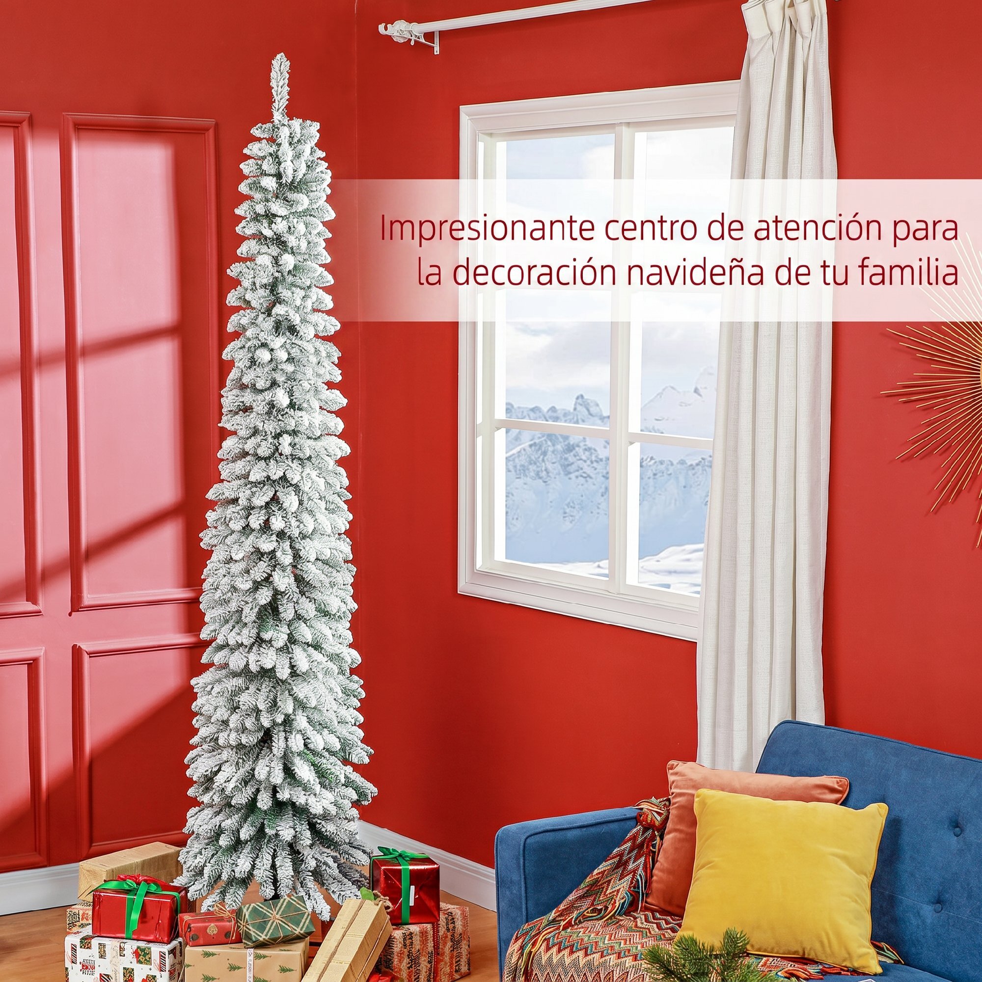 Árbol de Navidad Estrecho 240 cm, Árbol de Navidad Artificial Nevado con 603 Ramas y Soporte de Metal Plegable, Decoración Navideña para Salón, Interior, Verde