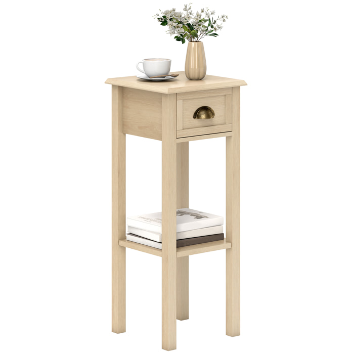Mesa Auxiliar Rústica, Mesa Auxiliar para Sofá, con Cajón y Estante, Mesita de Noche para Salón, Dormitorio, 30x30x75 cm, Madera Natural