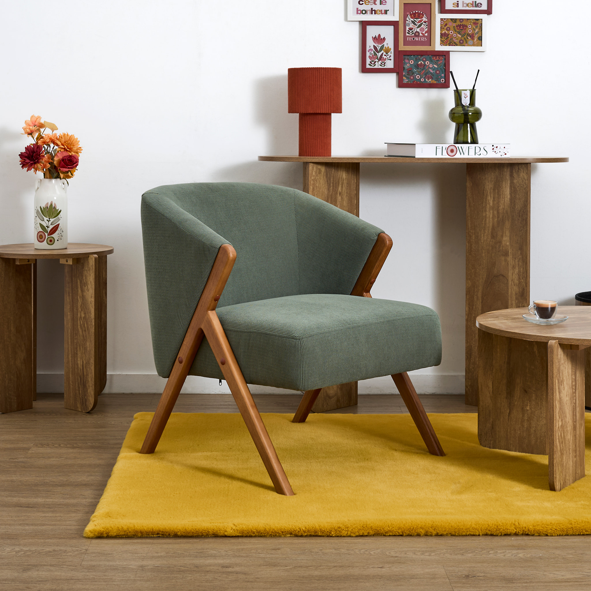 Fauteuil - HOME DECO FACTORY - Jules - Rétro Chic - Côtelé - Vert