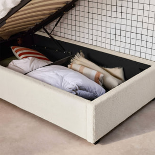 Lit coffre avec sommier à lattes et tête de lit. finition bouclette. blanc. L 206 x P 104 x H 102cm