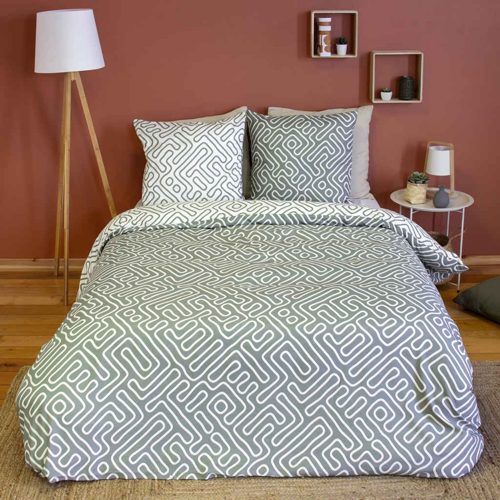 Parure de lit microfibre réversible 2 places imprimé labyrinthe gris  ADEN