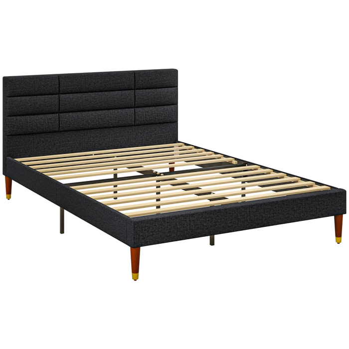 Lit double design industriel - tête de lit, pied de lit et sommier - dim. 141l x 207P x 88H cm - compatible matelas 140 x 200 cm - tissu 100% polyester, rembourrage mousse, bois d'eucalyptus, panneau multicouche