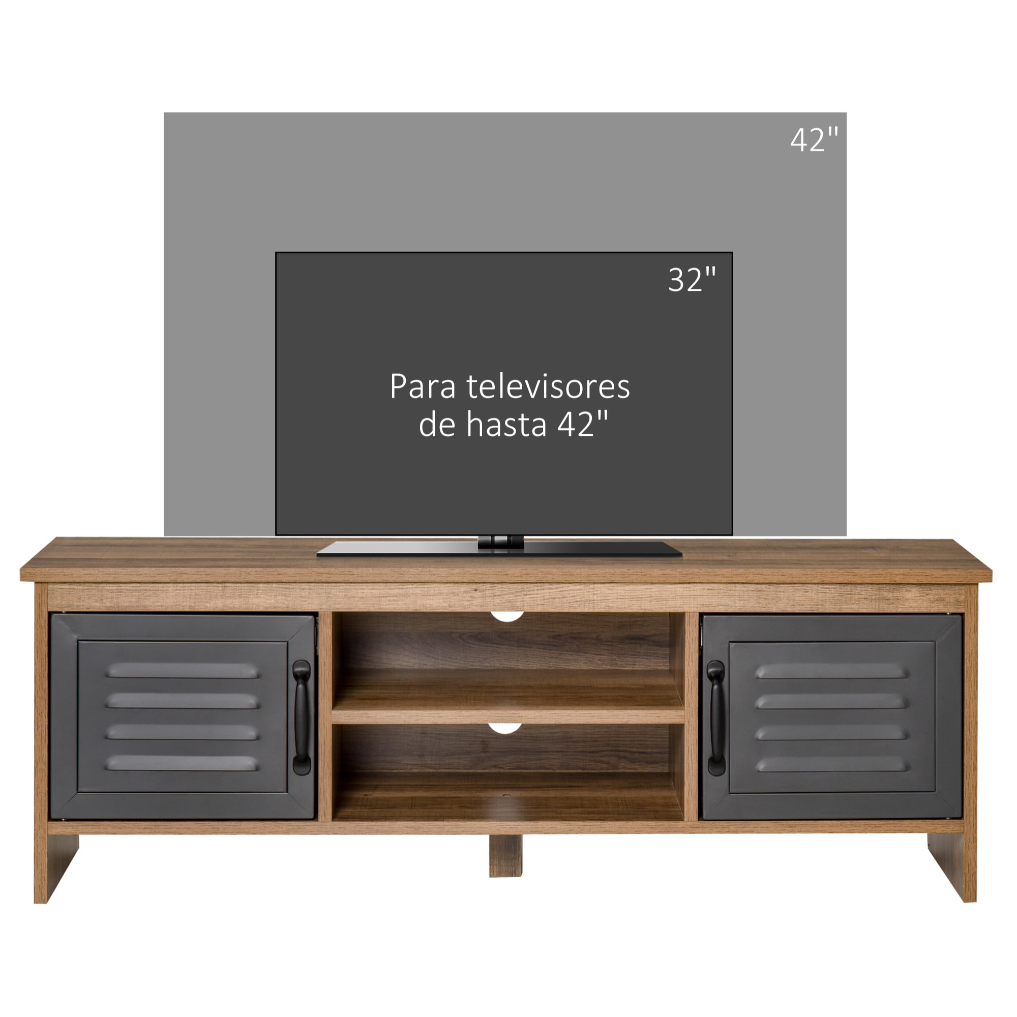 Mueble de TV para Televisores de 42" con 2 Compartimentos Cerrados con Puertas de Metal y 2 Estantes Abiertos Mueble de salón moderno Mesa para televisor 109x35x38 cm Madera Natural y Gris