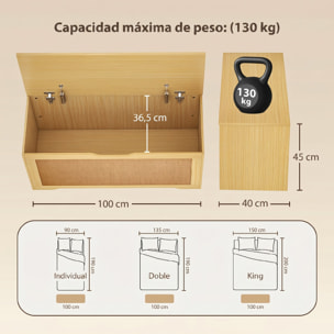 Baúl de Almacenaje 136L, Banco de Almacenaje con Panel de Ratán, Tapa Elevable, Brazos de Soporte, Diseño Sin Tiradores, para Recibidor, Pasillo, Dormitorio, Salón, 100x40x45 cm, Roble