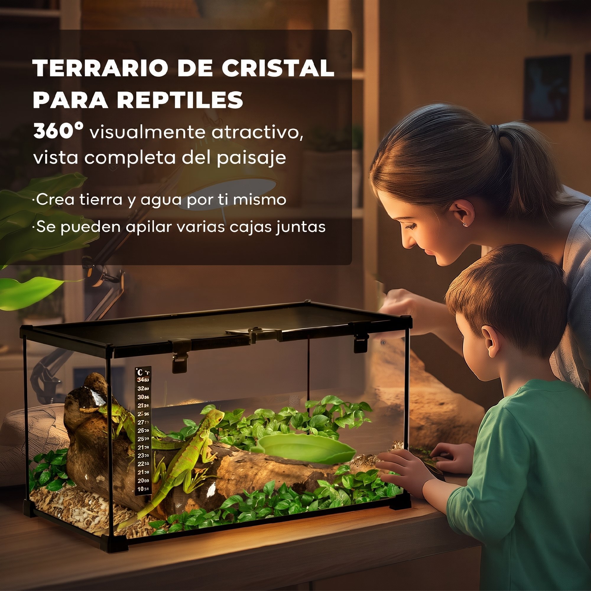 PawHut Terrario para Reptiles de Vidrio Templado con Termómetro, Cuenco de Agua, Vista Completa, Ventilación, Terrario para Lagartos, Ranas Cornudas, Serpientes, Arañas, 50x30x25 cm, Negro