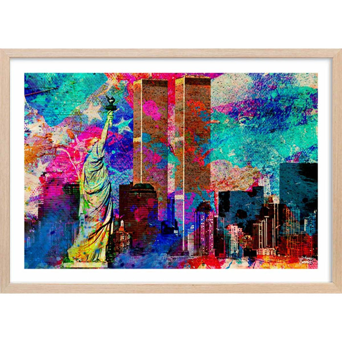 Affiche illustration graffiti new york Affiche + cadre en bois - Chêne