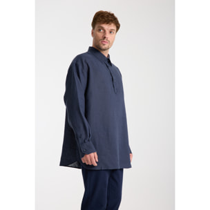 Camicia Uomo 1 Bottone Italiano Lino Unito Blu