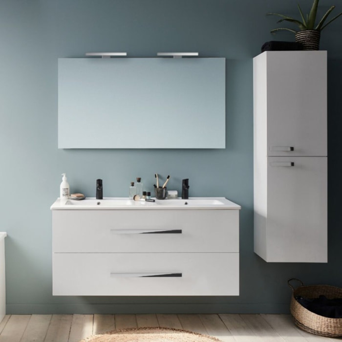 Pack meuble lavabo double vasque Ola Up + colonne + miroir + spot