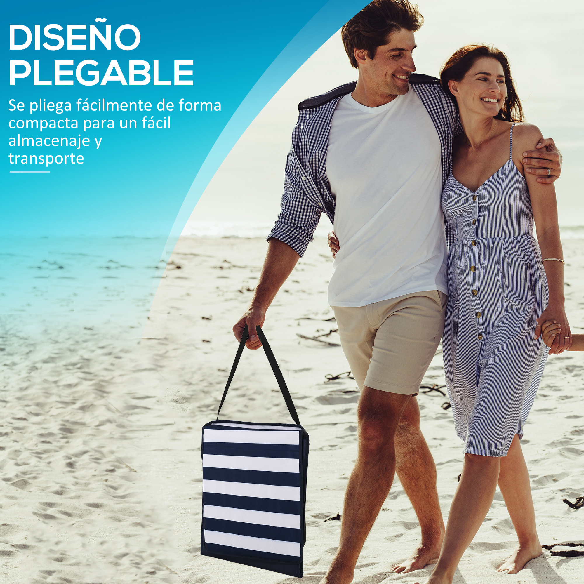 Conjunto de 2 Esterillas de Playa Plegable Esteras Acolchadas con Respaldo Reclinable y Bolsa de Transporte para Jardín 142x51x40 cm Blanco y Azul