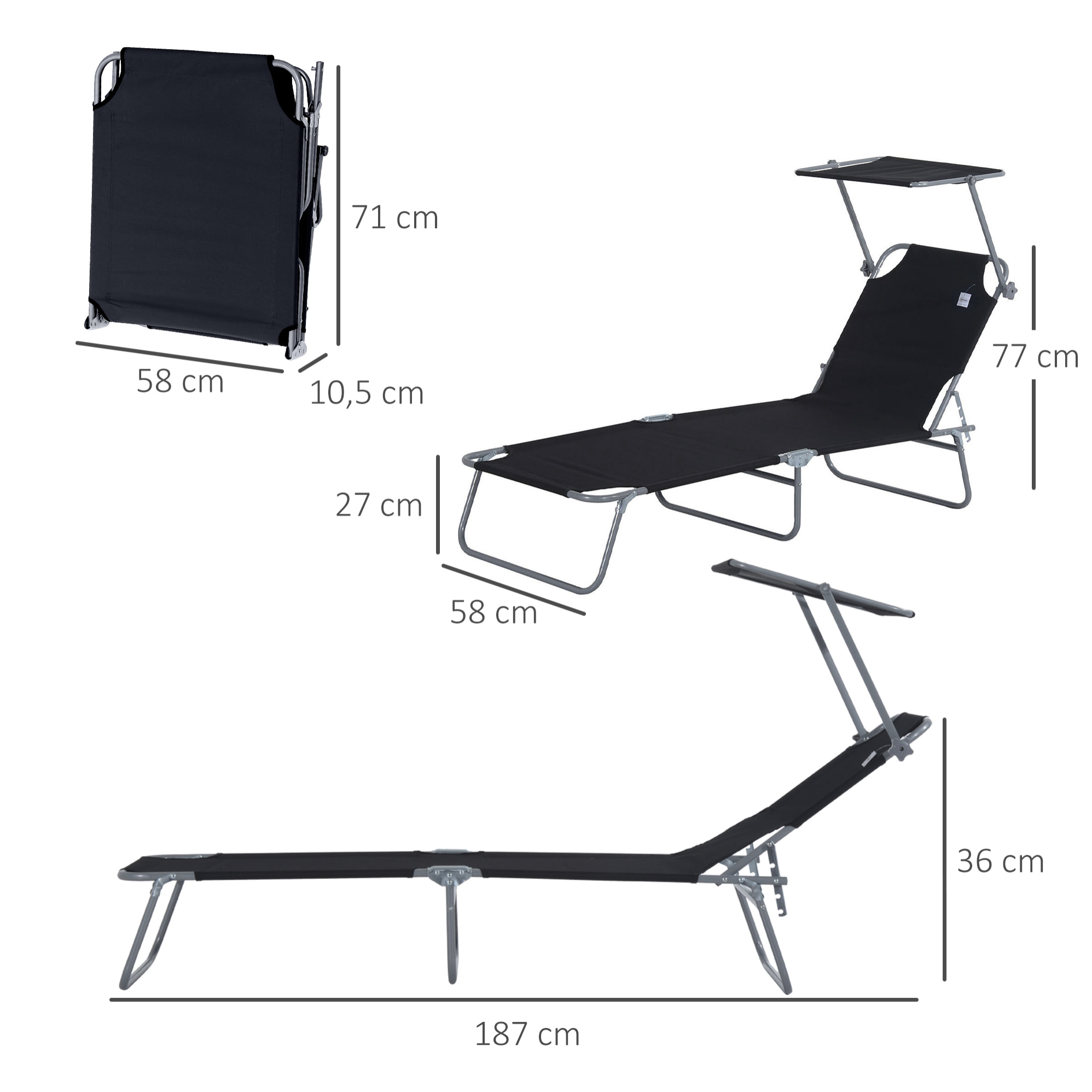 Conjunto de 2 Tumbonas Plegables Tumbonas de Jardín con Toldo Desmontable y Ajustable Respaldo Regulable en 4 Niveles Carga 120 kg para Playa Terraza 187x58x36 cm Negro