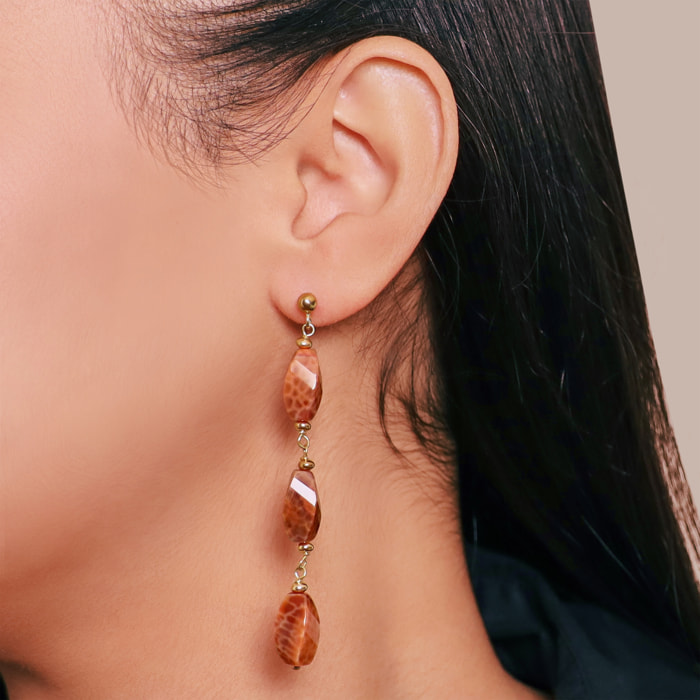 Orecchini Pendenti a Filo con Pietre Naturali di Agata Rossa Taglio Marquise