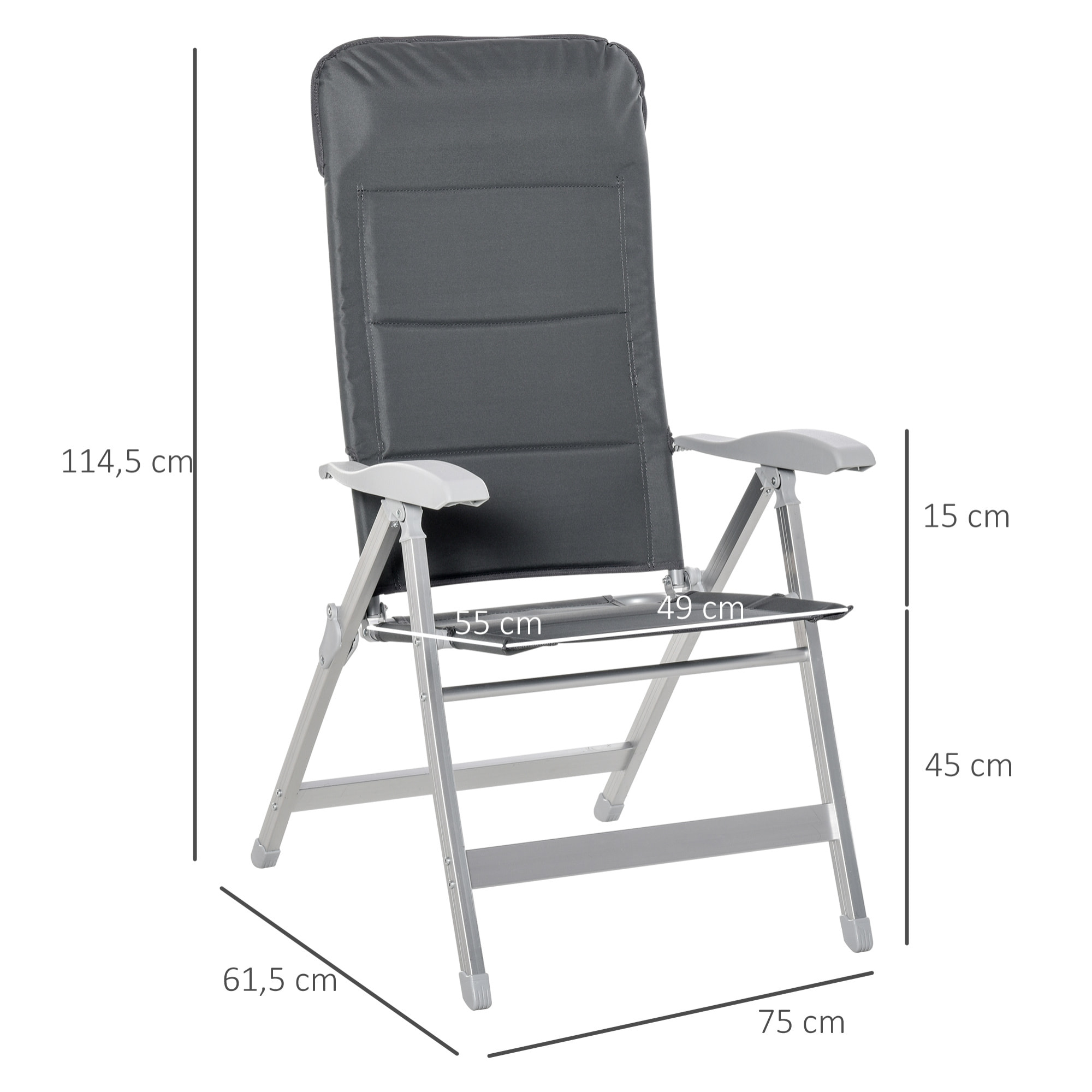 Chaise de jardin pliante dossier haut inclinable multipositions accoudoirs tétière alu. oxford déperlant gris