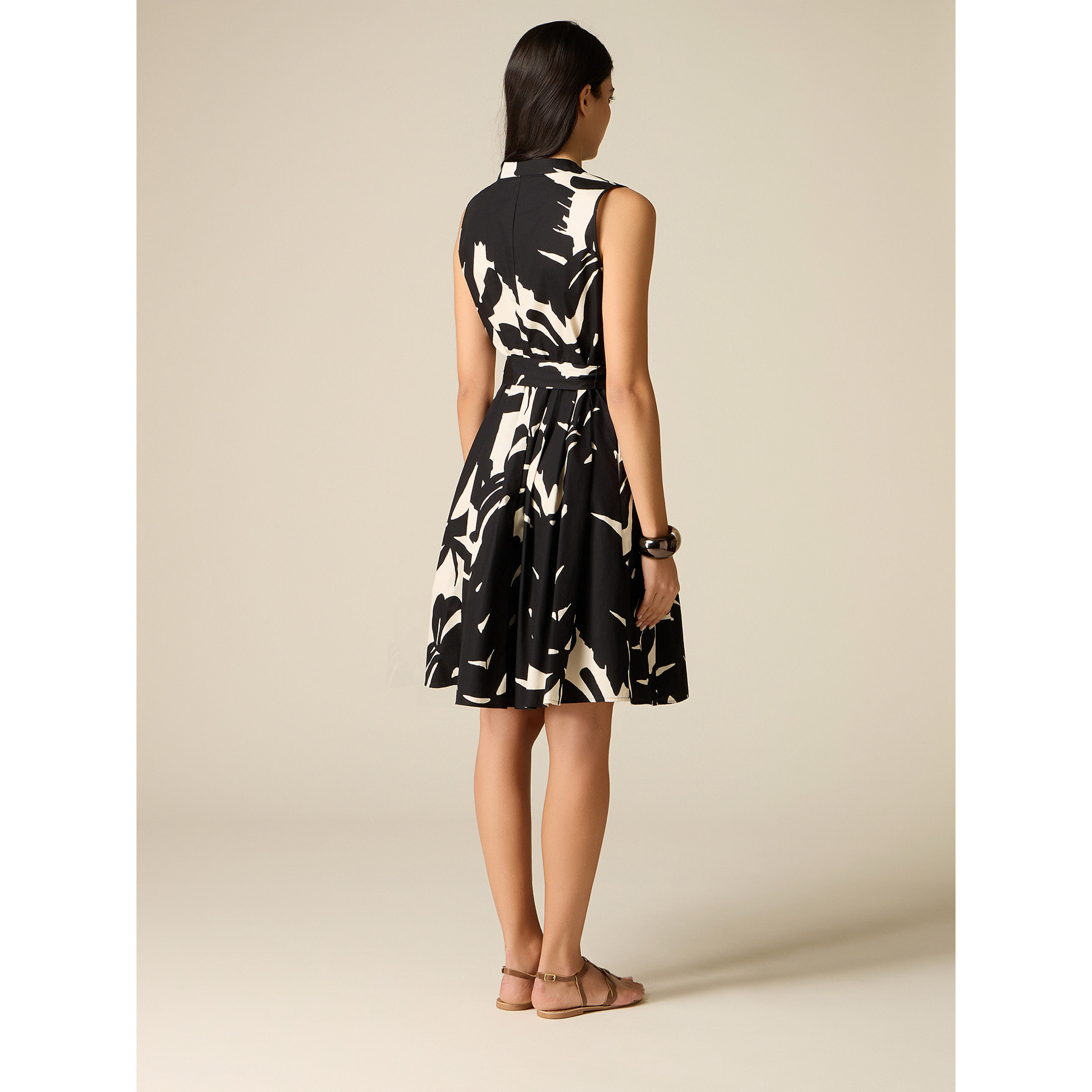 Oltre - Vestido flare en popelina estampada - Negro