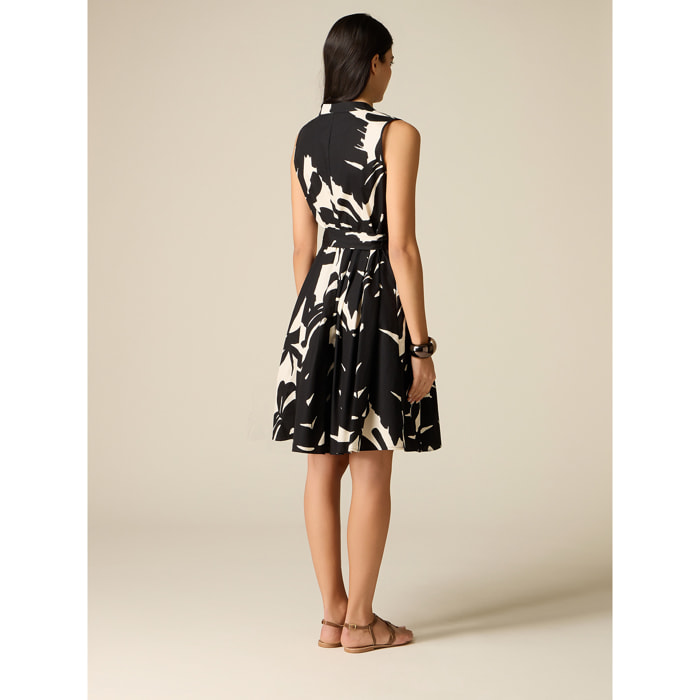 Oltre - Vestido flare en popelina estampada - Negro